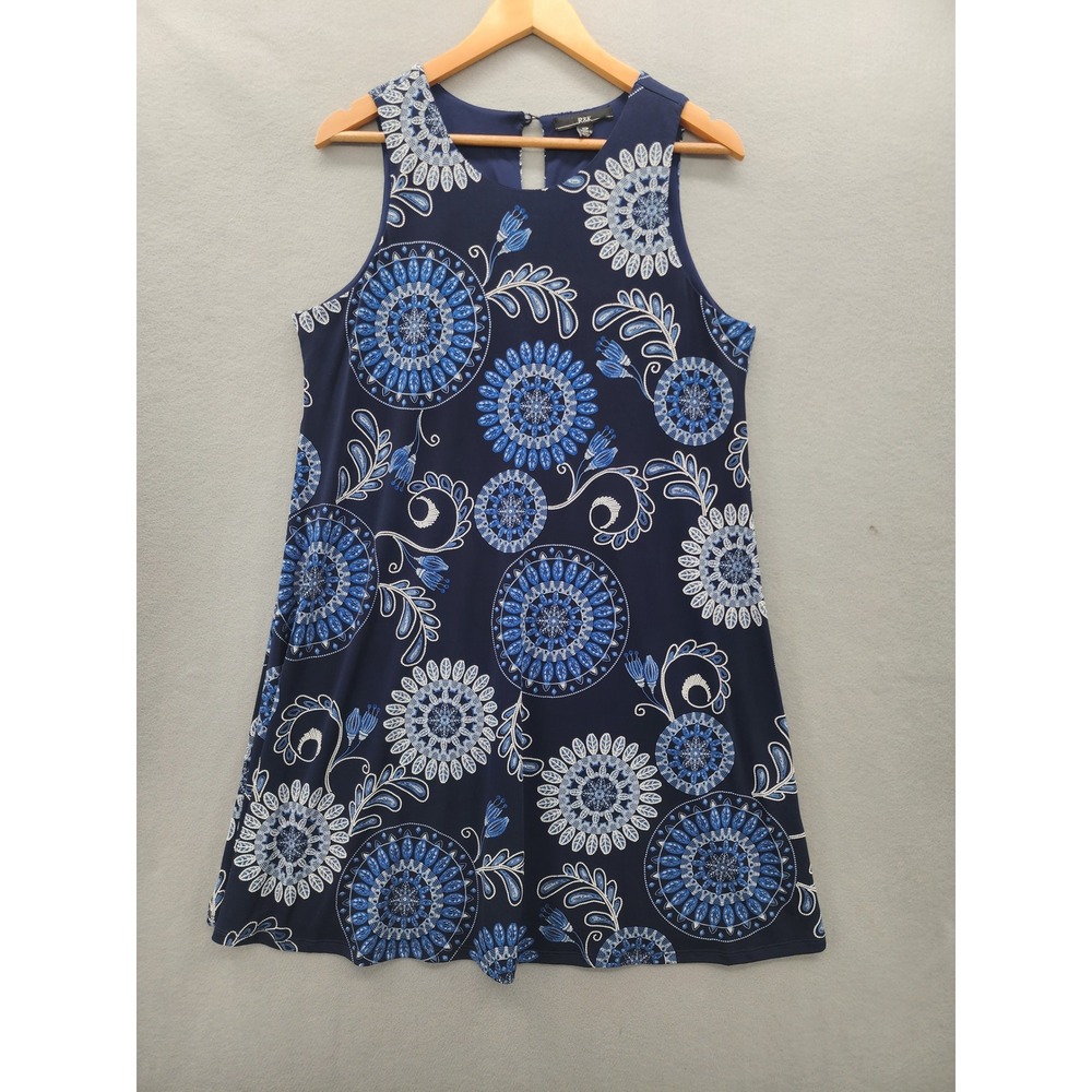 R&K Navy Blue Medallion‎ Floral Print Sleeveless Shift Dress 12P Boho Summer